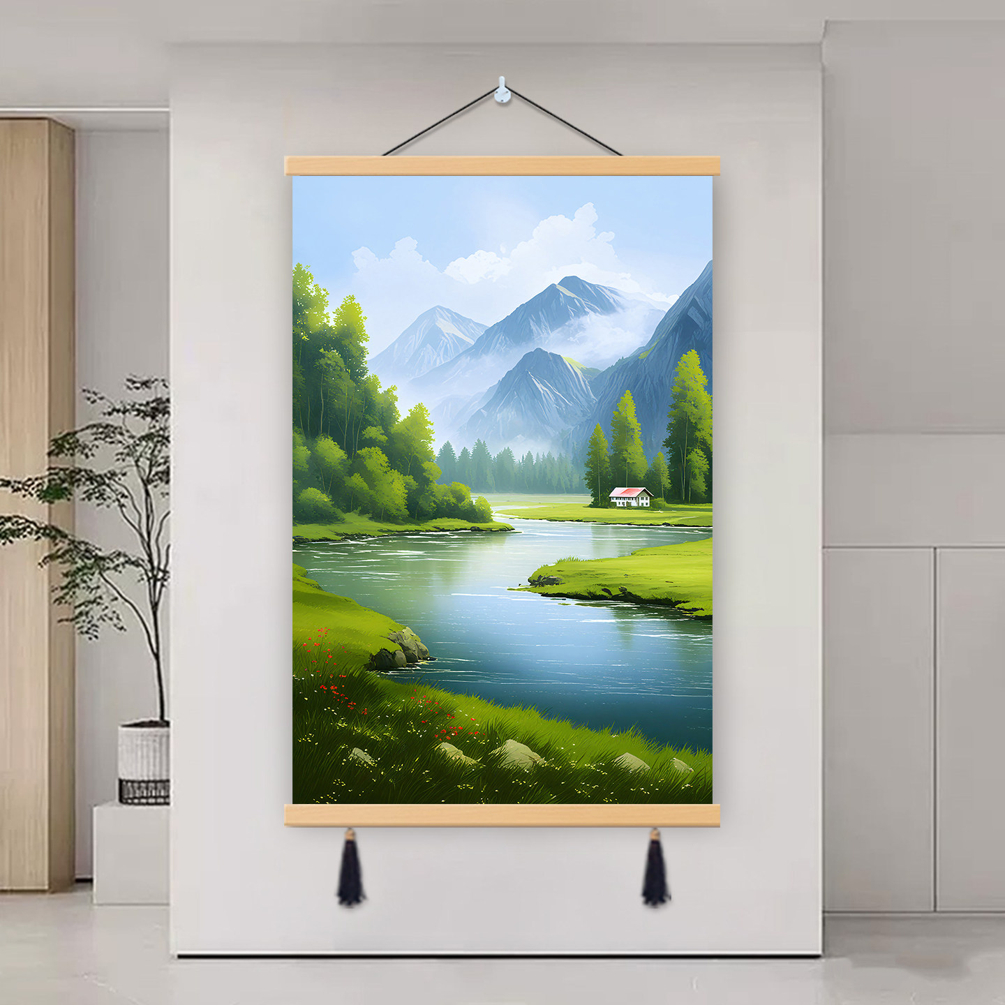 流水生财入户进门装饰画客厅背景墙挂画玄关走道餐厅山水风景壁画