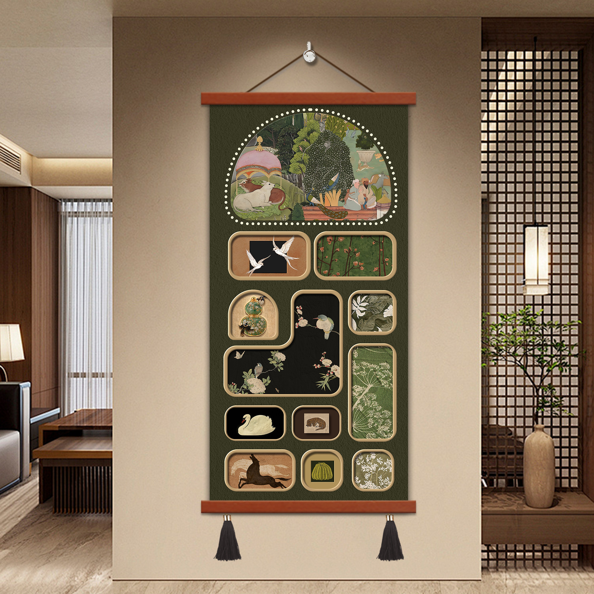 中古风竖版装饰画客厅玄关卧室墙面动物花鸟法式布艺挂帘