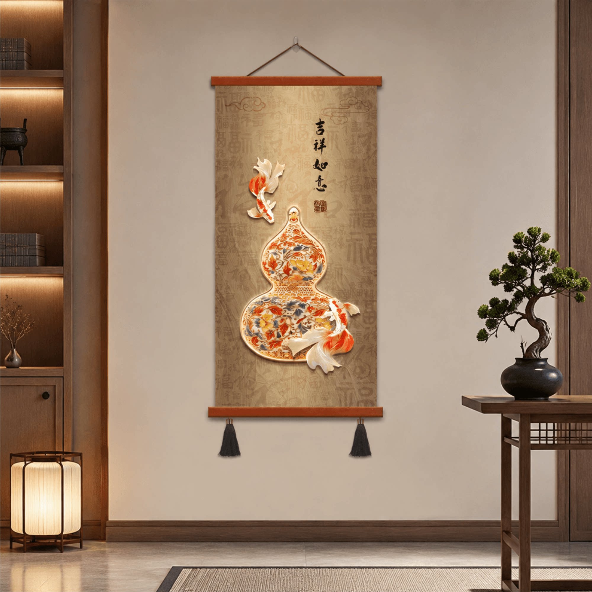 轻奢新中式玄关吉祥如意葫芦锦鲤百福招财装饰画走廊过道客厅挂画