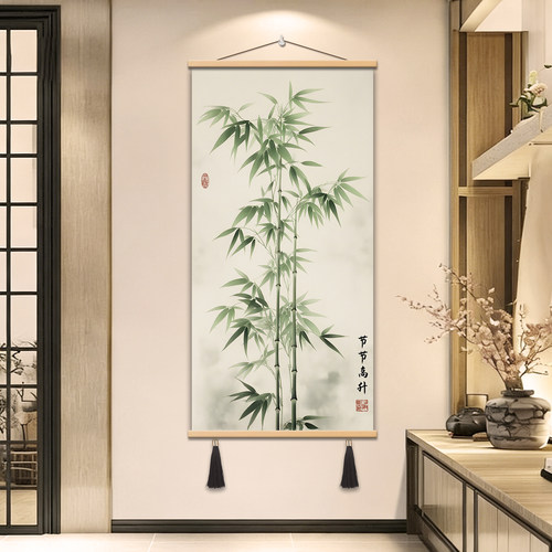 中式竹子挂画客厅玄关装饰画高清油画布流苏吊穗松木框