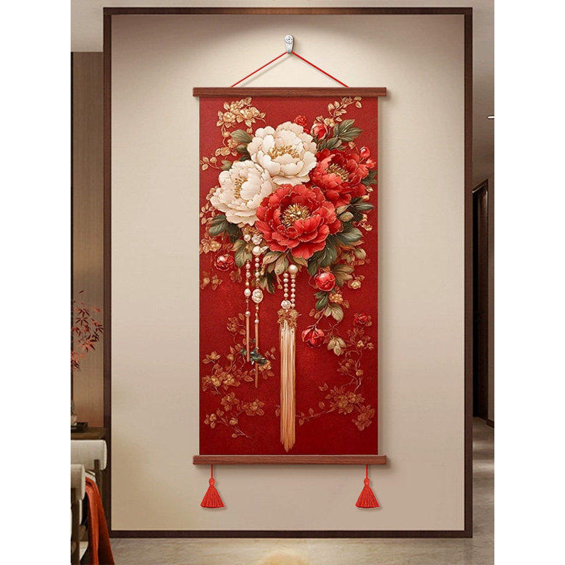 花开富贵装饰画2026新款牡丹玄关卧室喜庆轻奢卷轴画红色婚庆礼品
