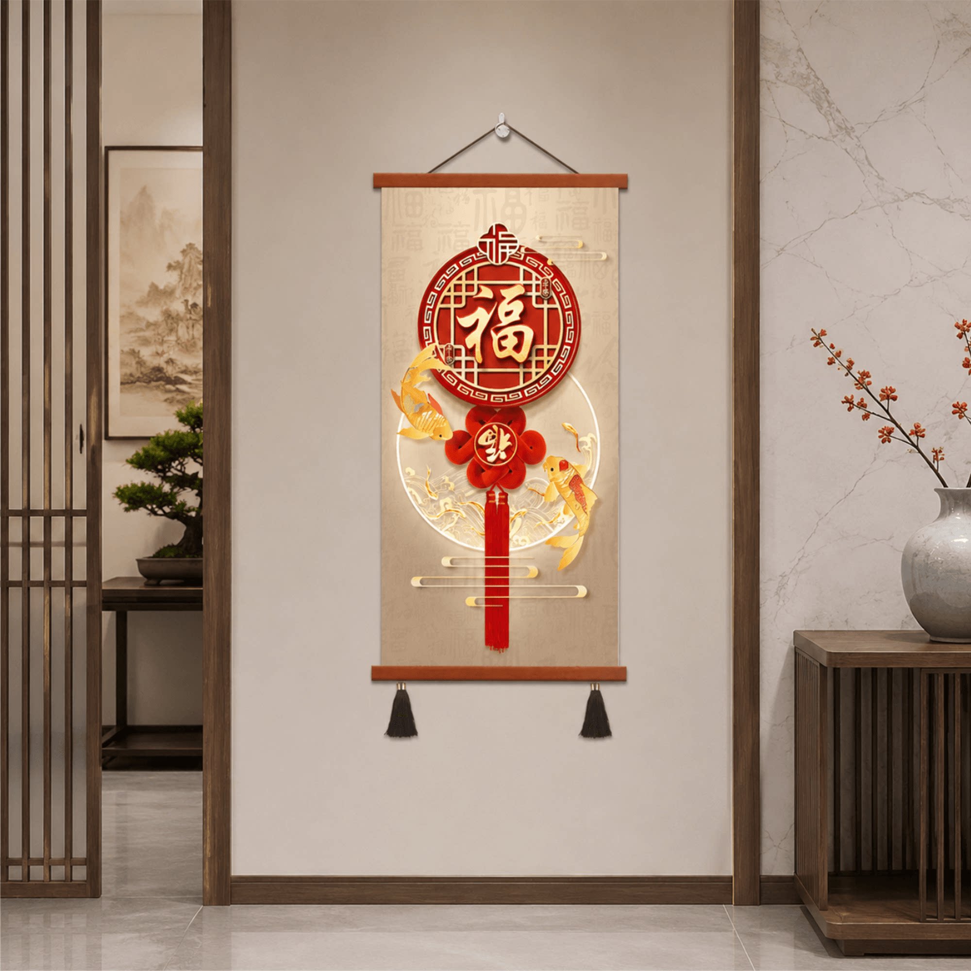 轻奢新中式玄关福字锦鲤挂画走廊过道入户竖版墙面装饰画高档大气