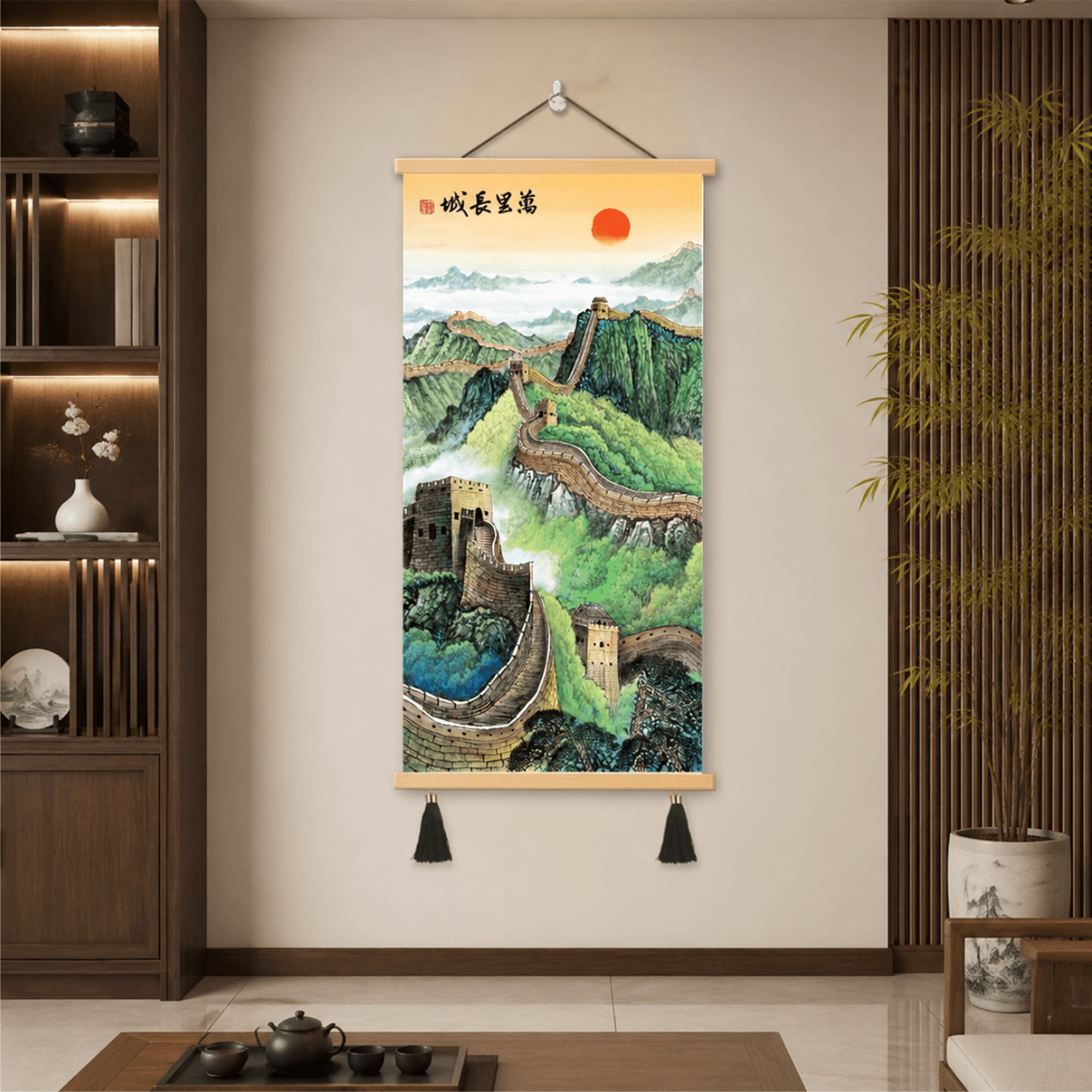 轻奢竖版新中式万里长城山水挂画客厅玄关办公室靠山大招财装饰画