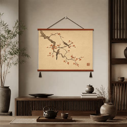 新中式复古梅花双鸟挂画茶室客厅玄关卧室背景墙轻奢国风装饰壁画