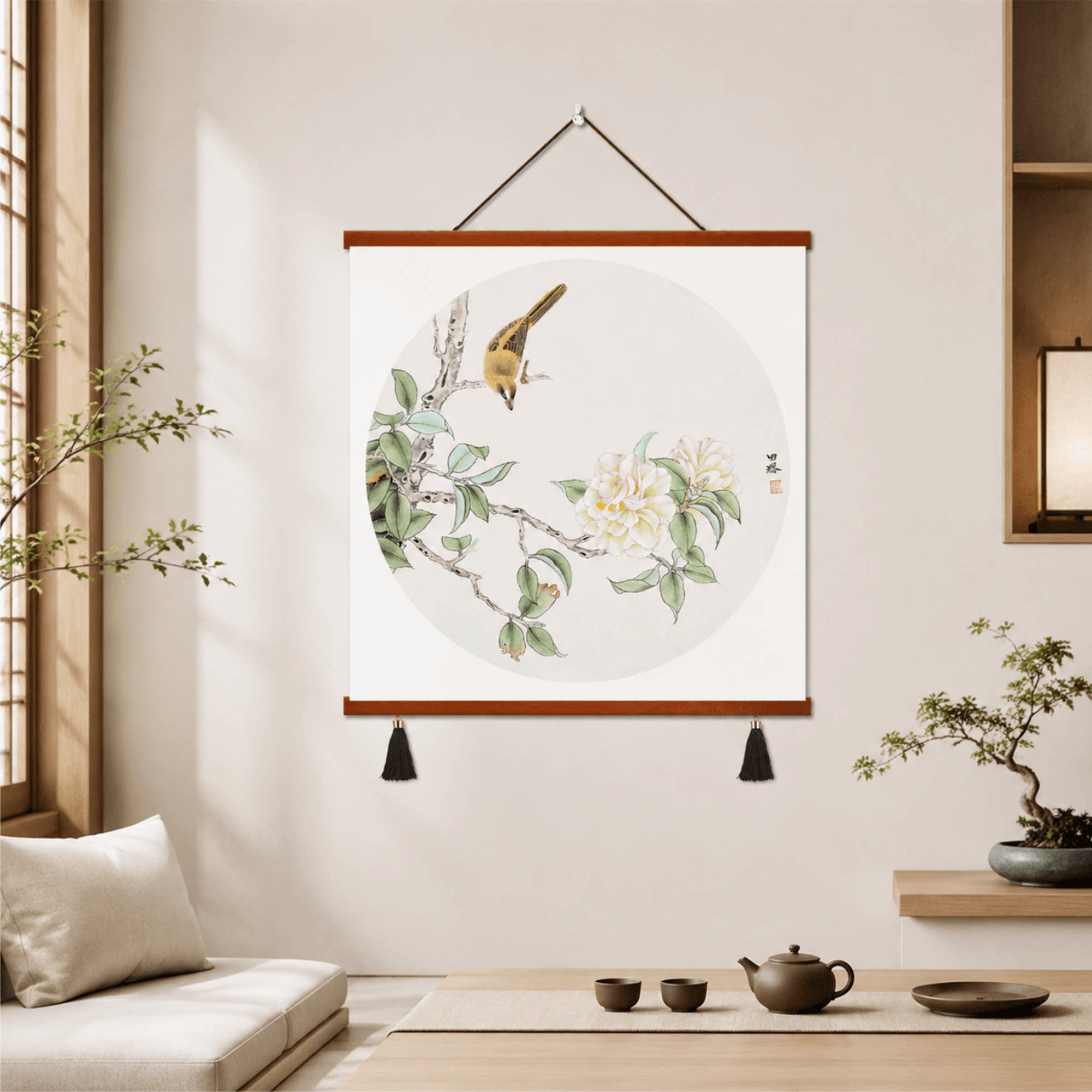 新中式工笔山茶花鸟装饰挂画客厅玄关餐厅卧室书房茶室墙面轻奢风