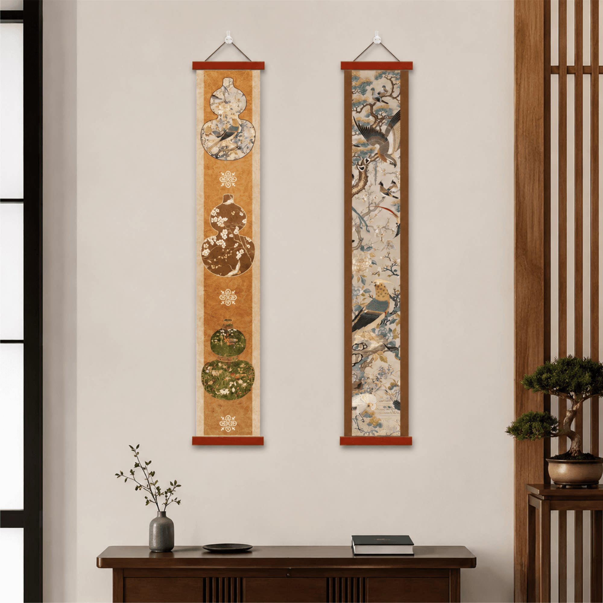 新中式福禄葫芦长条装饰画古典松鹤花鸟图客厅玄关走廊墙面的挂画