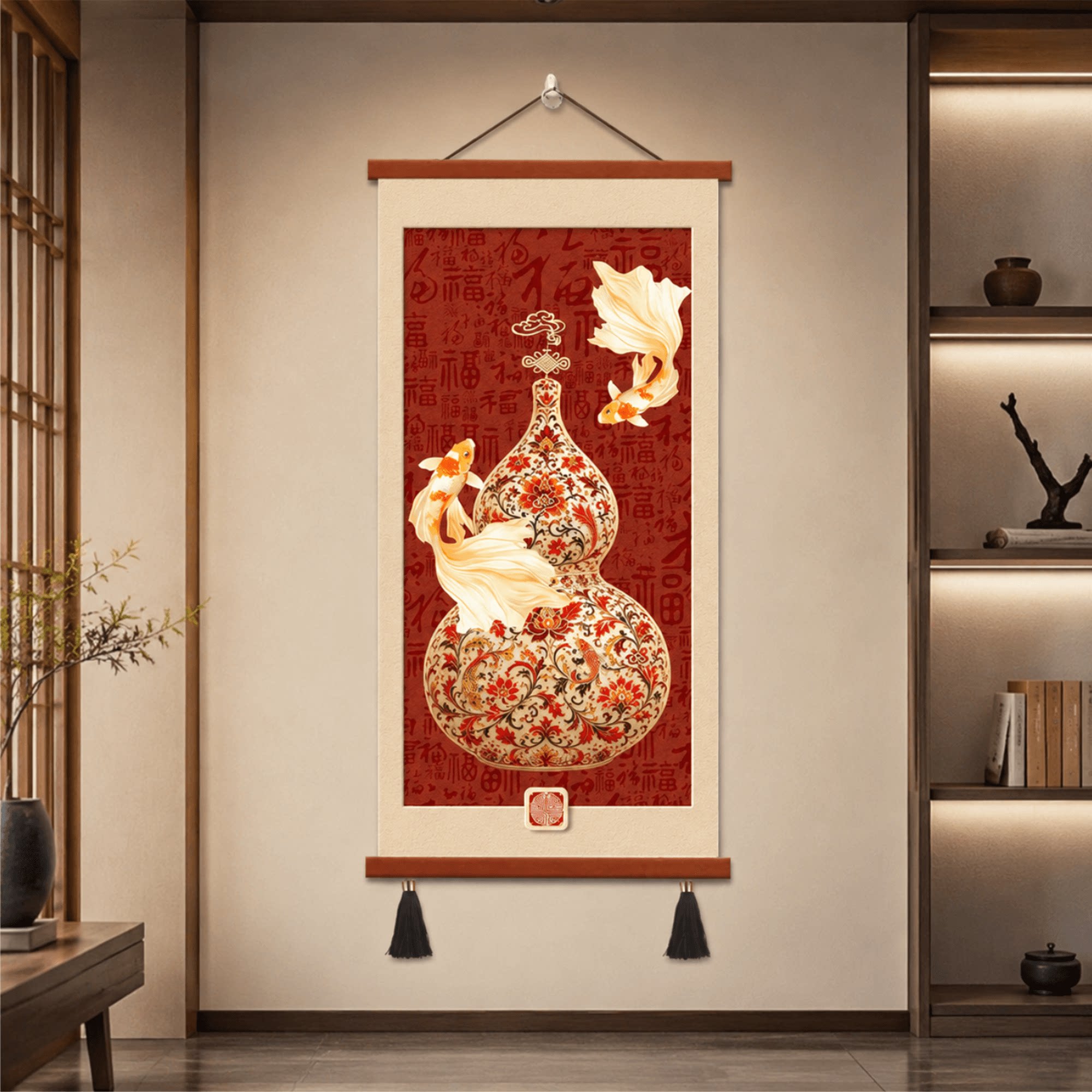 新中式入户玄关葫芦锦鲤百福图走廊过道墙面竖版客厅餐厅装饰挂画