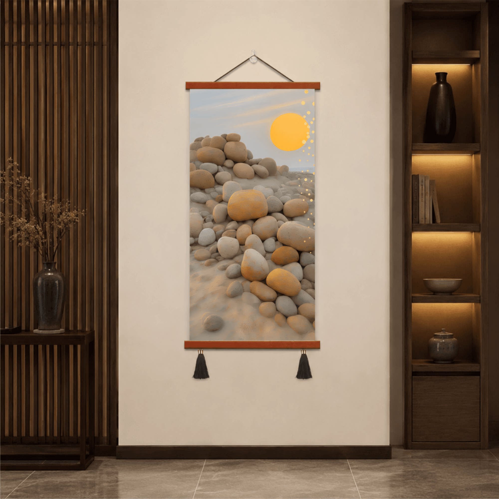 新中式玄关走廊鹅卵石日落风景装饰画现代简约客厅餐厅的墙面挂饰图片