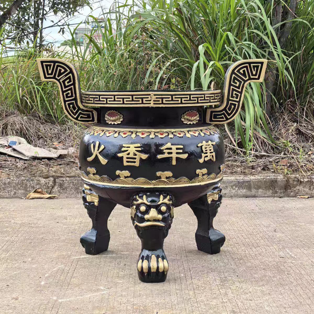 祠堂家用铸铁圆形香炉寺庙生铁大型三足鼎插香炉