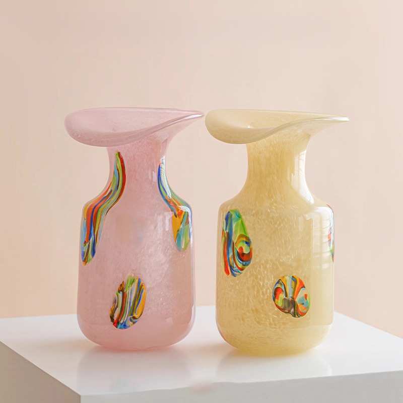 北欧彩色点点玉粉肌理琉璃花瓶半然家居中古复古手工艺术插花器大