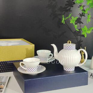 经典白钴蓝花环骨瓷高端精致咖啡杯碟下午茶茶具茶壶套装礼物