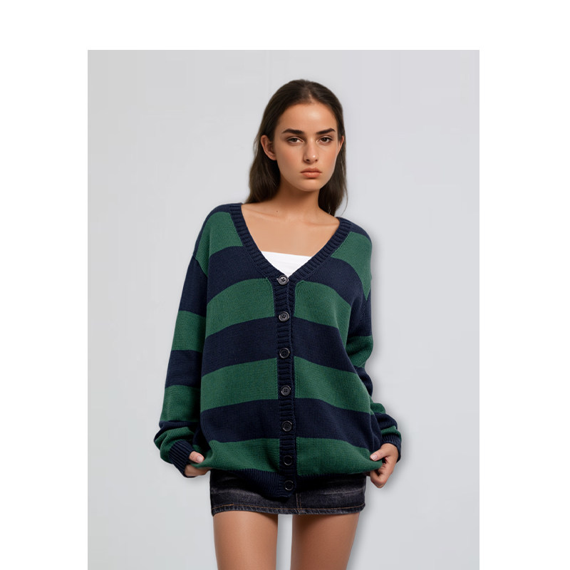 BM宽松针织毛衣开衫2026新款绿色条纹外搭高级感百搭开衫外套女