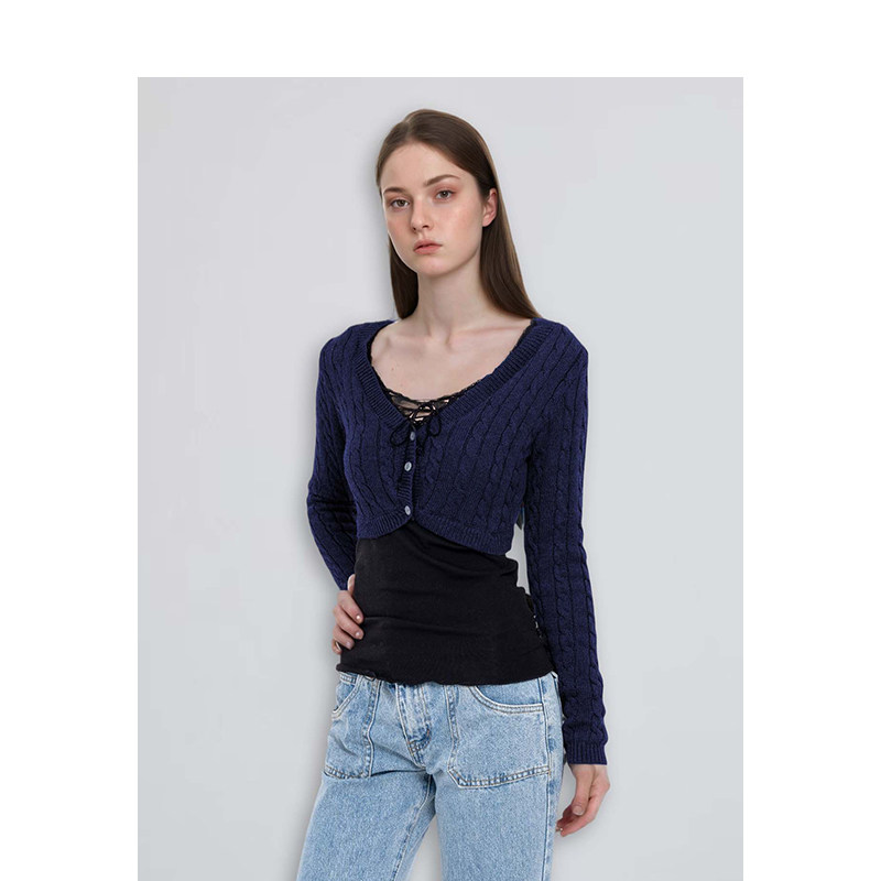 BM开衫女2026新款秋冬纯色超短款V领麻花设计感小众美式开衫外套