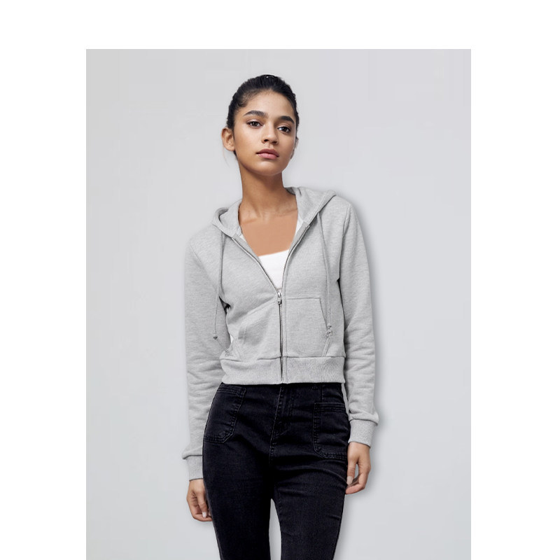 BM纯色卫衣女2026春秋新款短款露脐开衫灰色卫衣修身显瘦拉链外套