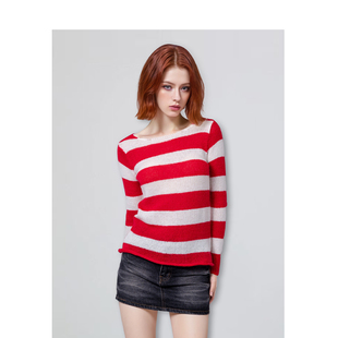 BM镂空针织毛衣女款2026秋冬新款圆领红白条纹高级感修身显瘦毛衣