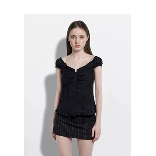 BM短袖女2026新款夏季黑色V领设计感荷叶边美式辣妹百搭显瘦上衣