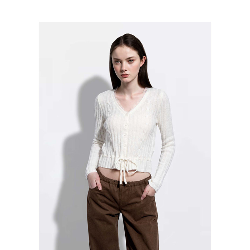 BM毛衣女2026新款秋冬纯色收腰绑带V领蕾丝边显瘦高级感开衫上衣