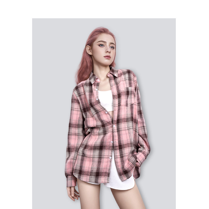 BM时尚粉色格子长袖衬衫女士上衣宽松慵懒风衬衣潮衬衫女款外套