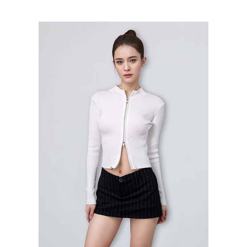 BM针织开衫女2026新款秋冬双拉链立领短款露脐修身显瘦高级感上衣