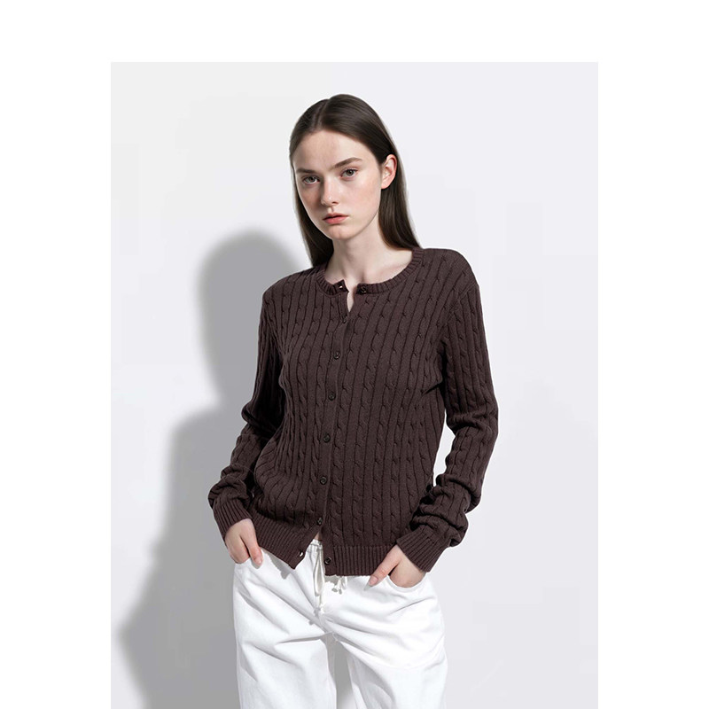 BM针织开衫女2026新款秋冬纯色圆领麻花美式复古高级感毛衣外套