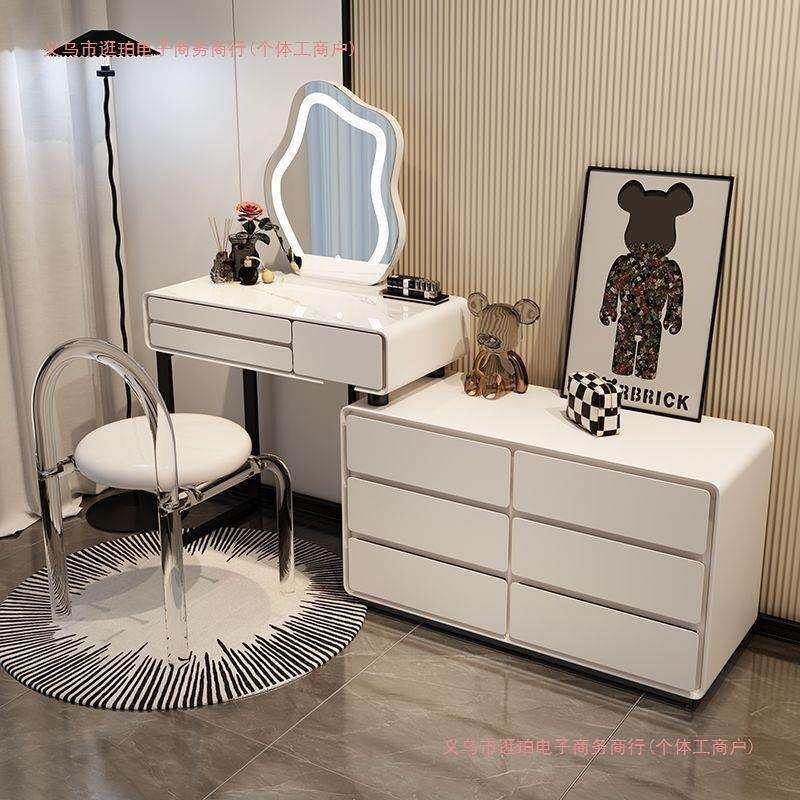2024奶油风岩板实木梳妆台床头柜一体网红伸缩化妆台卧室现代简约