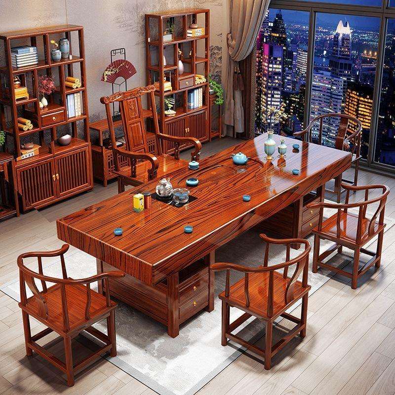 高端雕刻泡茶桌椅组合实木大板家用一桌办公室五椅茶台茶几原木