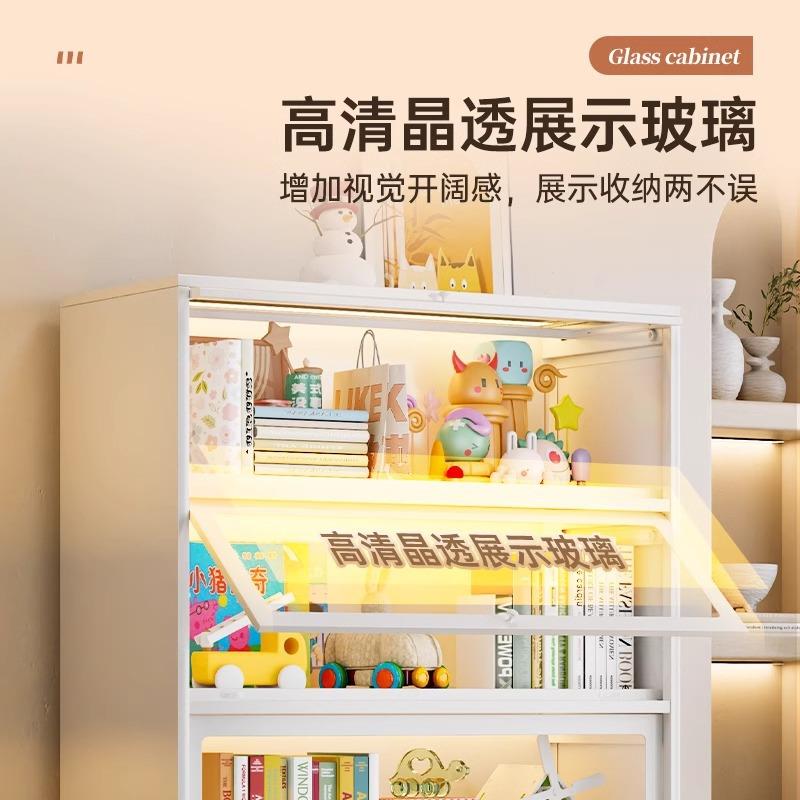 家用钢制书柜带门防尘书架玻璃展示柜翻盖储物柜收纳柜落地置物架