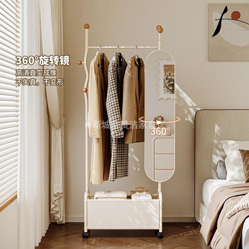 卧室挂衣架带旋转镜子落地家用入户门玄关可移动衣帽架一体全身镜
