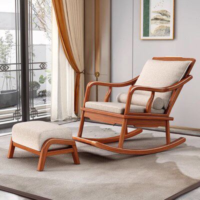 胡桃木懒人新中式全实木沙发摇椅布艺躺椅原木休闲摇摇椅家用阳台