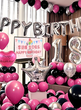 生日快乐仪式感小女孩黑玫红色装饰布置派对场景紫色1X8岁十八气