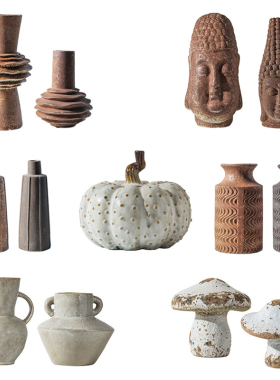 复古中式侘寂风h陶瓷南瓜蘑菇摆件样板间民宿酒店花器做旧佛头装