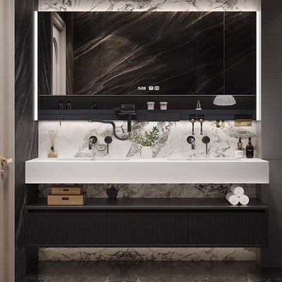 轻奢酒店风进口可丽耐一体u盆浴室柜组合橡木烤漆双台盆洗漱盆定