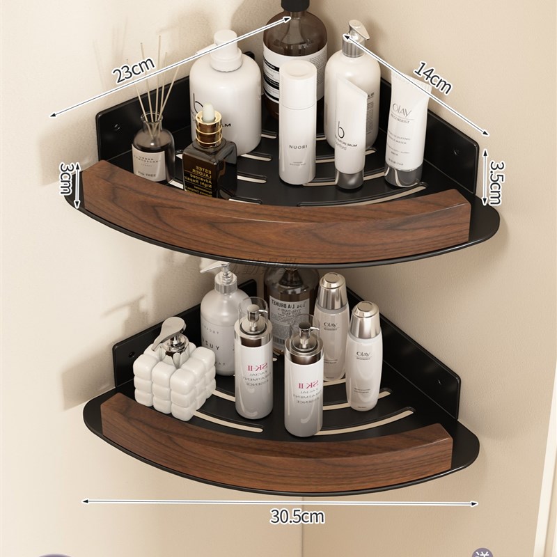 胡桃木卫生间三角置物架免打孔浴室厕G所洗漱台壁挂式墙上收纳架