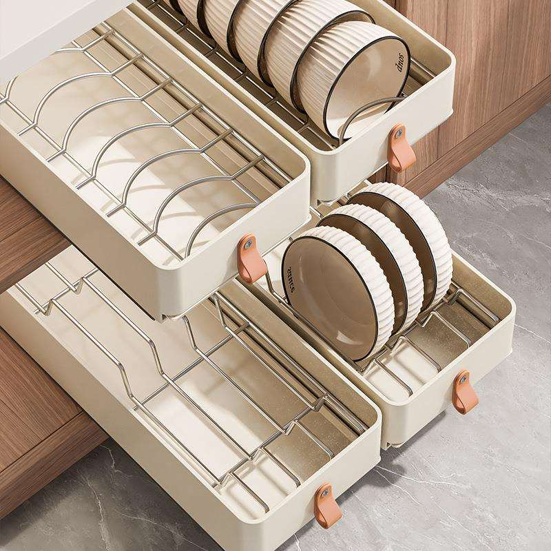 不锈钢抽拉碗碟架厨房水槽下放碗碟盘橱柜内抽屉式拉篮碗架沥水架
