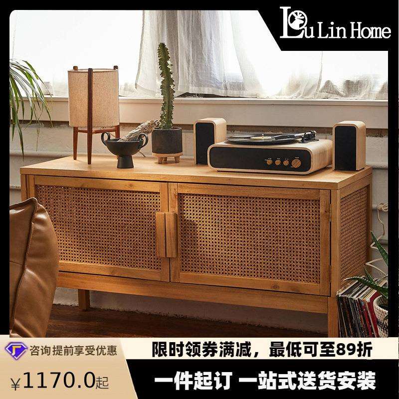 藤编全实木电视柜北欧后现代小户型客厅家具白蜡木平开门地柜