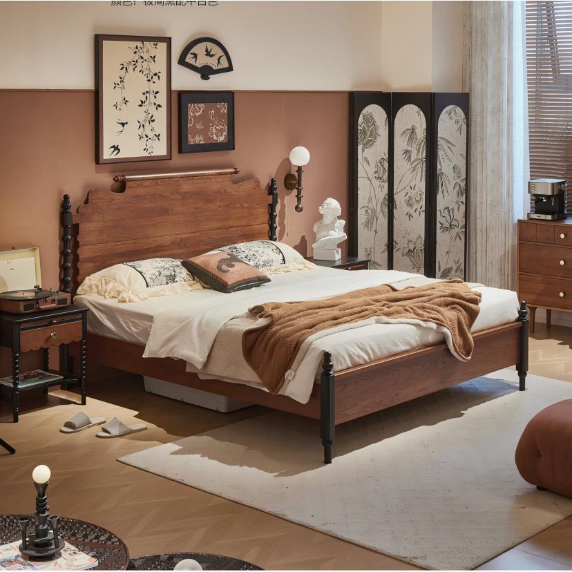 法式复古床中古床1.8米双人主卧床全实木红橡木家具主卧婚床