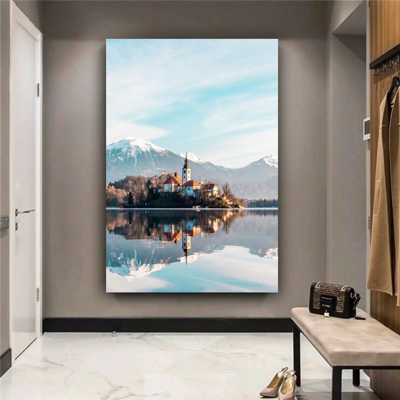 山湖风景帆布画海报 森林鹿动物挂画墙艺术客厅家居装饰画芯2833图片