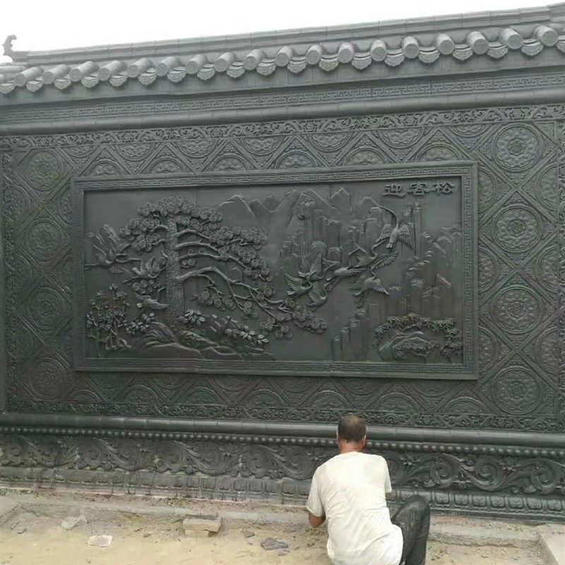 砖雕仿古大型古建影壁照壁百福图背景墙中式迎客松浮雕庭院装饰