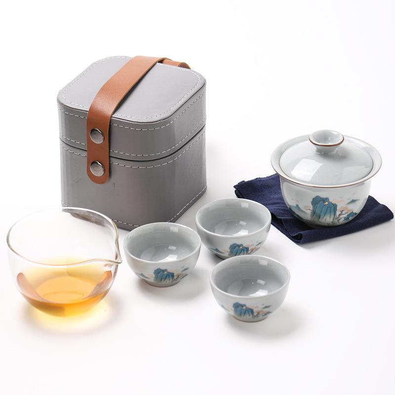 哥窑功夫盖碗茶杯手工万里江山品茗杯陶瓷茶具主人杯旅行茶具套装