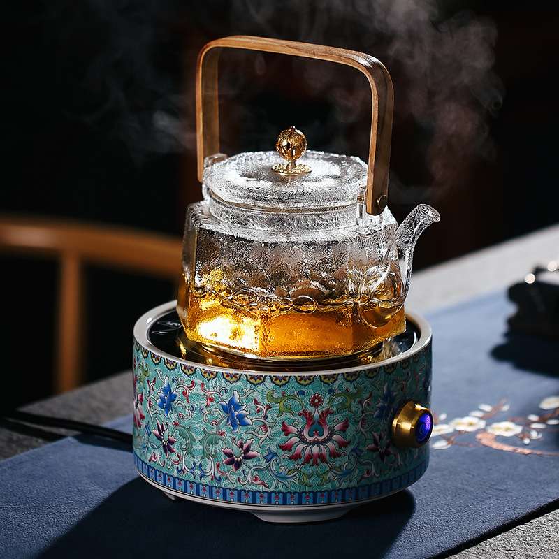 厂家直销耐热玻璃方把茶壶竹把提梁壶 创意别致煮茶铜珠锤纹茶壶