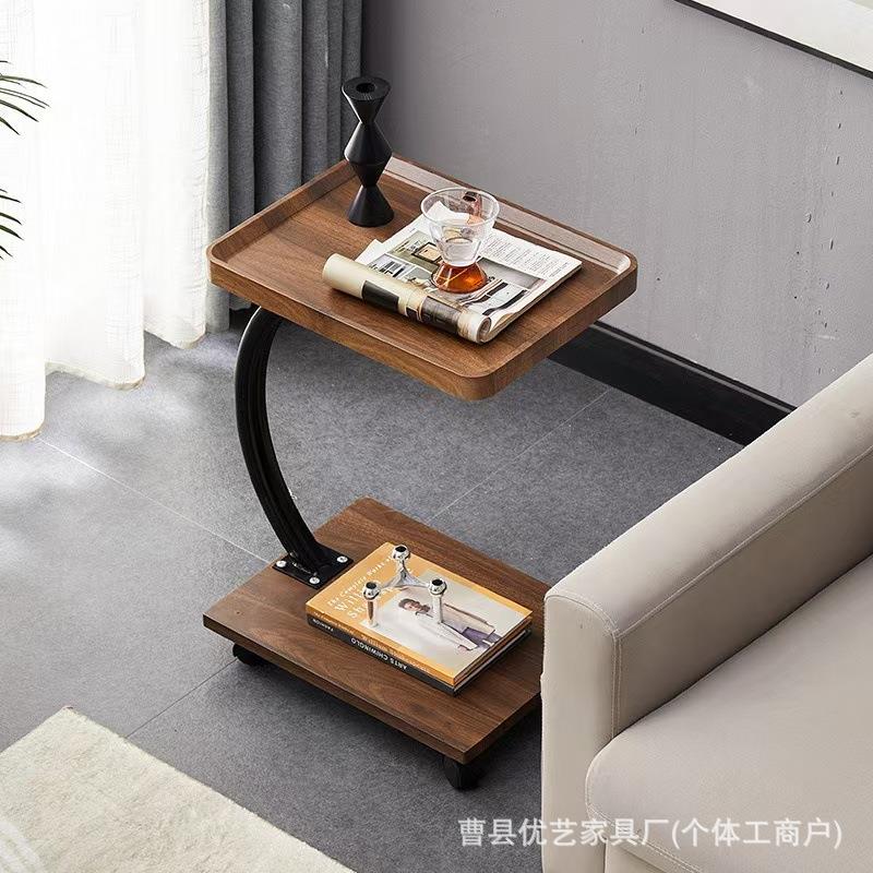 轻奢创意边几可升降茶几桌客厅简约可移动方桌万向轮胡桃色小桌子