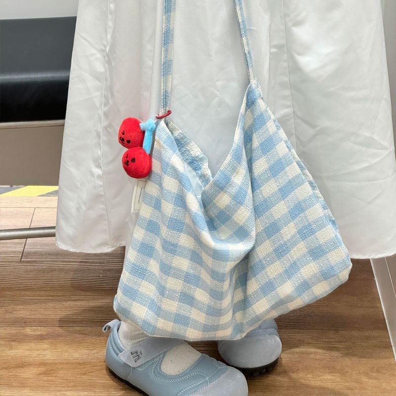 ins蓝色格子慵懒风帆布包大容量韩系学生上课通勤百搭单肩斜挎包,箱包皮具/热销女包/男包,通用款女包,淘宝优惠券,粉丝福利购,淘宝优惠卷