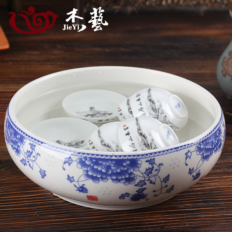 青花茶洗 大号茶具笔洗青花陶瓷配件小号茶道零配水盂水洗特价