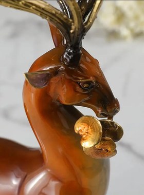 灵芝鹿新中式纯铜摆件玄关装饰品轻奢电视柜招财家居客厅铜工艺品