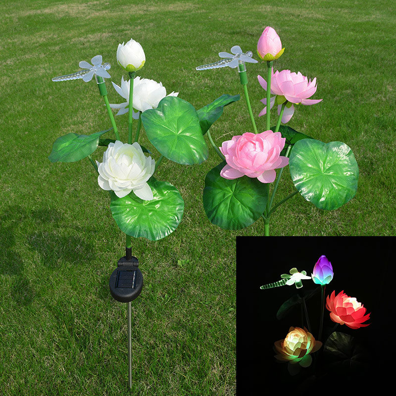 太阳能荷花莲花灯不锈钢户外地插草坪小区草地防水led发光仿真花