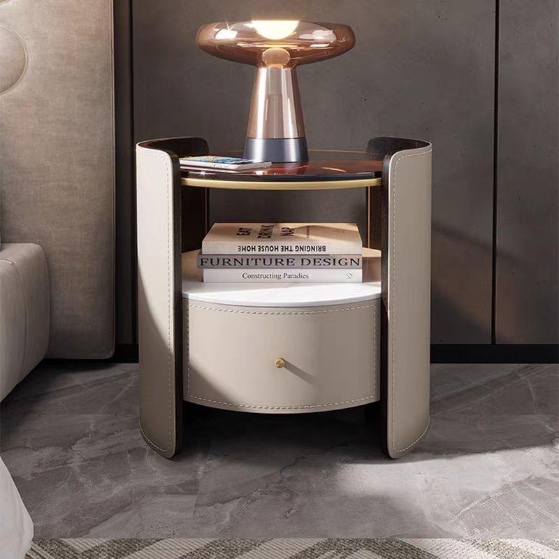 轻奢高端马鞍皮床头柜岩板实木架意式极简家用储物柜客厅沙发边柜