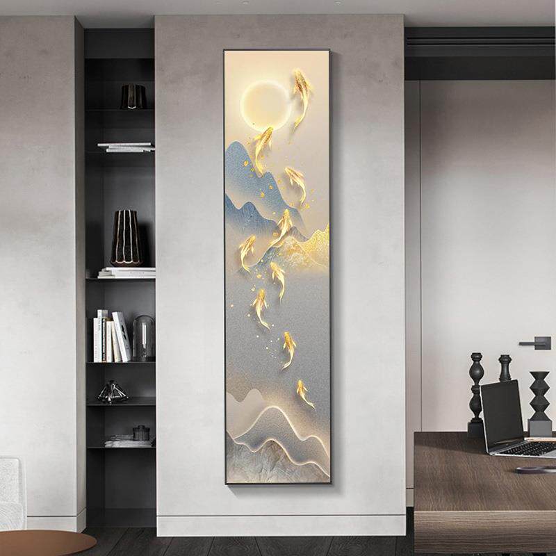 客厅进门九鱼图窄长条玄关装饰画正对门壁画入户走廊门厅卧室挂画
