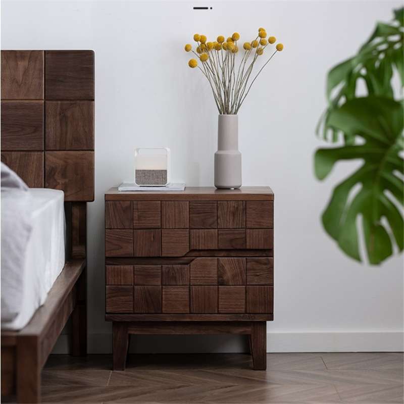 北欧轻奢黑胡桃实木原木床头柜卧室储物柜方块边柜现代简约