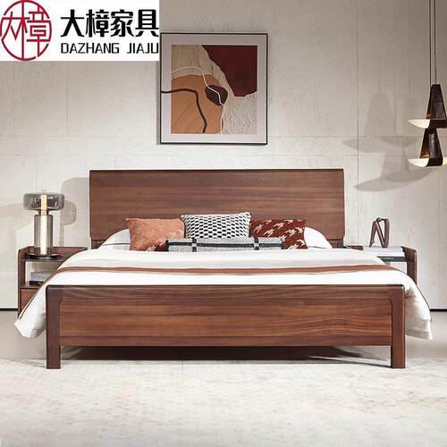 黑胡桃木实木床1.8米中式大板直拼双人大床1.5高箱储物主卧室家具