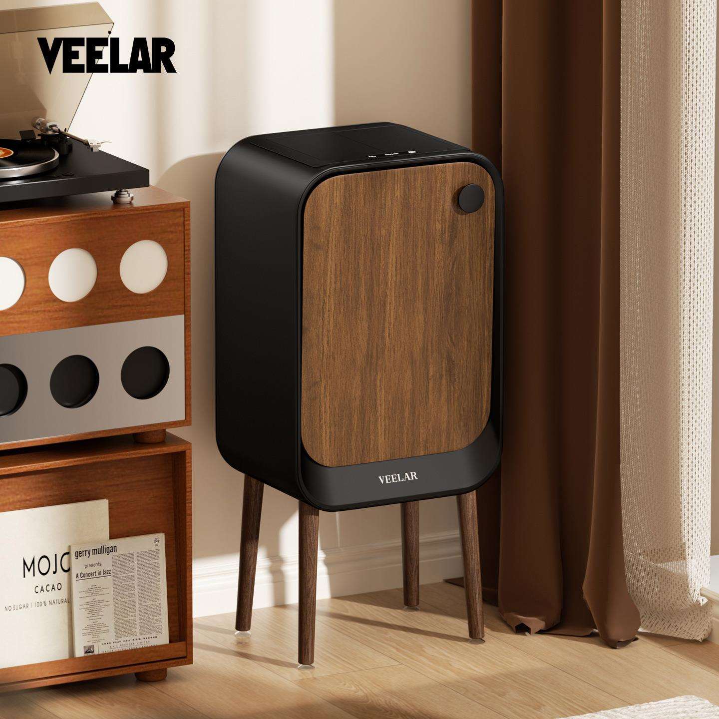 VEELAR智能感应垃圾桶家用客厅厨房高颜值大容量高脚复古胡桃木纹